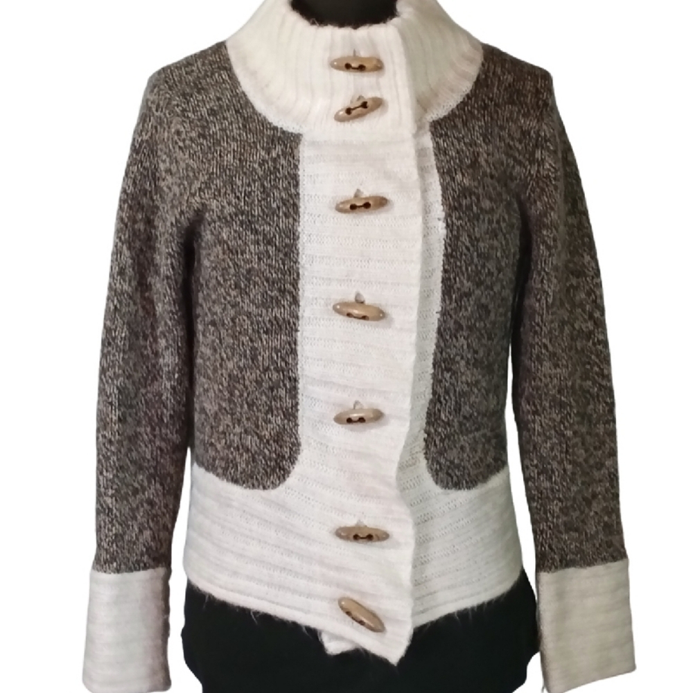 Cream & Brown Funnel-Neck Toggle Sweater